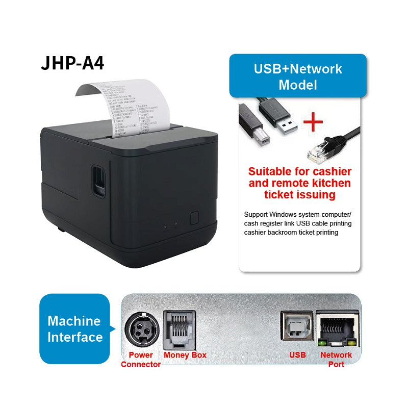 Impresora térmica portátil T-VISION JHP-A4, papel 80mm, conexión USB, LAN RJ45, color negro