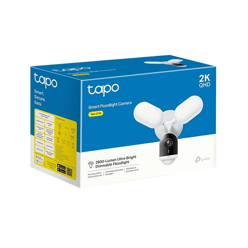 Cámara WiFi TP-LINK Tapo C720 Smart Floodlight, 4MP 2K QHD, 270°, Visión Nocturna, Audio Bidireccional, Detección De Movimiento, IP65, Soporta 512GB