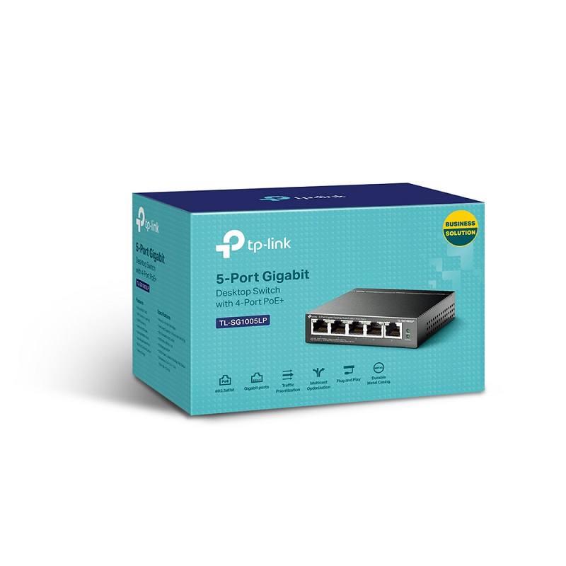 Switch Gigabit TP-LINK TL-SG1005LP de 5 puertos RJ45 a 10/100/1000 Mbps, con 4 puertos PoE+